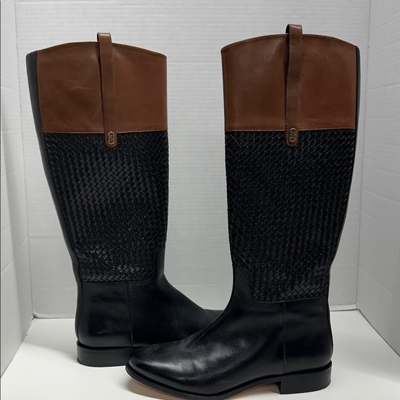 Cole Haan Shoes - Cole Haan Brennan Riding Boots Tall Side Zip Braided Leather Black Brown Size 8